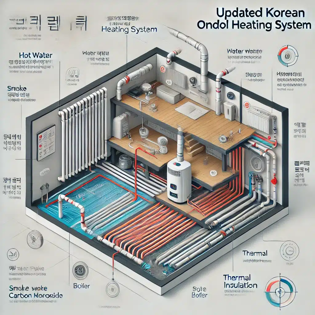 DALL·E 2024 11 07 15.52.42 A modern schematic illustration of the updated Korean ondol heating system, showcasing a contemporary design where hot water circulates through pipes